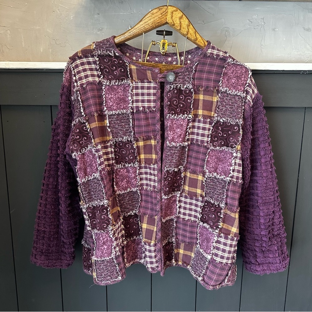 Grannycore Purple Patchwork Cotton Jacket Lined Handmade‎ Button Top size Large